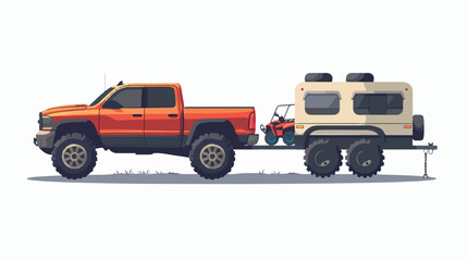Pickup car tows a trailer with a ATV. Vector flat style