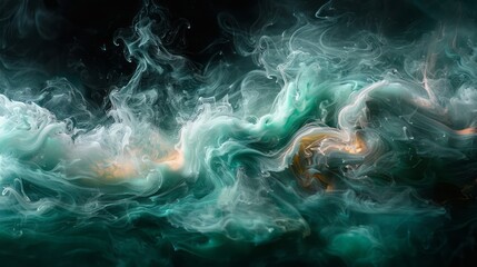 Abstract artwork featuring liquid fluid art in ethereal blue and green hues, evoking the depths of an underwater galaxy and the ethereal dance of cosmic smoke.