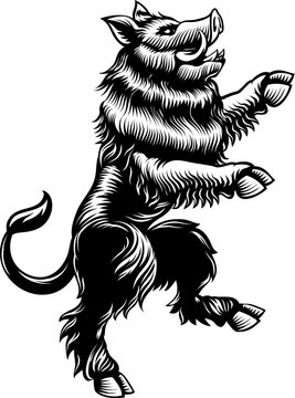 recommend clip art: A boar wild hog razorback warthog pig animal for crest in rampant pose. Heraldic coat of arms heraldry design element concept in a vintage illustration style.