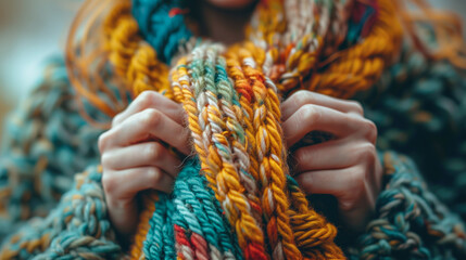 close up of a hand with knitted scarf