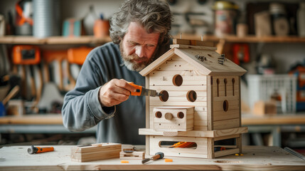 man working in workshop building a bird house
