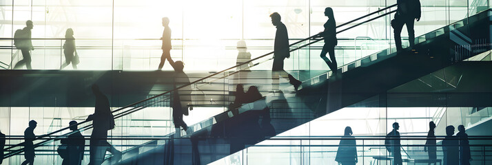 Silhouettes Of Workers Mingle In A Vibrant Business Building Their Purpose Entwined Blured business people walking up and down stair outside . - obrazy, fototapety, plakaty
