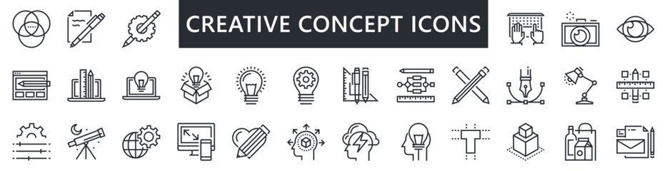 Simple Set of Creativity Related Vector Line Icons. Contains such Icons as Inspiration, Idea, Brain and more. Editable Stroke