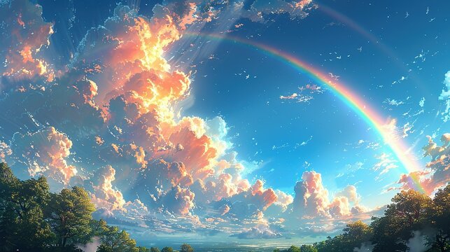 Pastel Paragon: Anime Rainbow Adorns Blue Sky