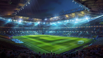3D Rendering of soccer sport stadium, green grass during night match, Ai
