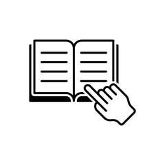 Open book with finger icon vector illustration. Instruction manual on isolated background. Book pages with text.