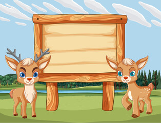 Two cute deer next to a blank signboard
