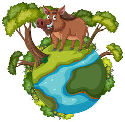 Cartoon boar standing atop a small, green planet.