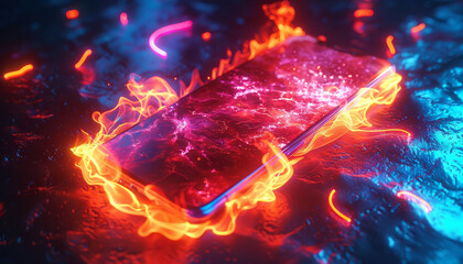 Fireflame on screen from mobile phone lies on table,neon lights,black background,generative ai