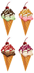 Four colorful ice cream cones with different syrups