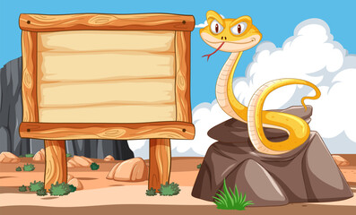 Cartoon snake next to a blank sign in desert