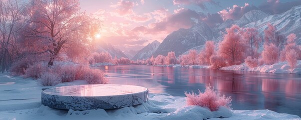 Stunning infrared winter landscape with snowy terrain and pink foliage by serene river - obrazy, fototapety, plakaty