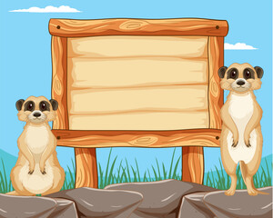 Two meerkats standing next to a blank signboard.