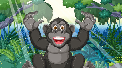 Happy gorilla with raised hands in a forest