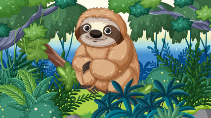Vector illustration of a happy sloth in the forest