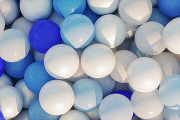 Abstract summer scene with white and blue glossy balloons in the pool. 3d rendering.