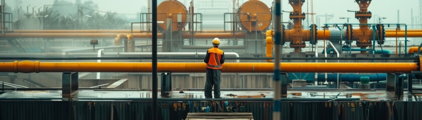 Fototapeta premium worker amidst the labyrinth of water pipes at a supply station, his attention on the maintenance