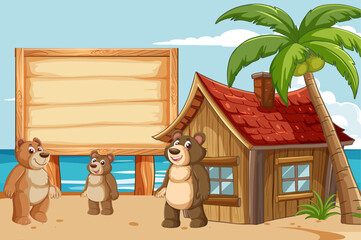 Cartoon bears near a wooden hut on the beach.