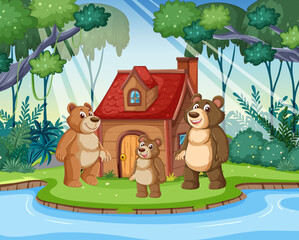 Three cartoon bears smiling near their house