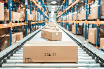Packages of cardboard boxes move along a conveyor belt in a warehouse logistics center. Cardboard boxes on conveyor rollers ready to be shipped by courier for distribution at warehouse. 
