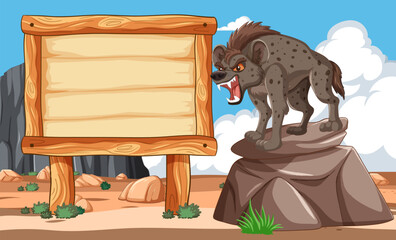 Angry hyena on a rock beside wooden sign