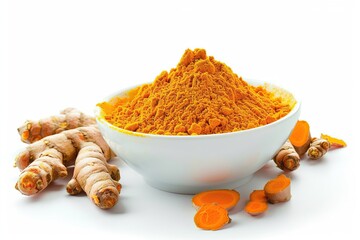 Turmeric root and yellow curcuma powder in the bowl. Fresh turmeric rhizome with sliced over light grey concrete background. Ground spice for cooking. Herb medical concept. Natural organic ingredient