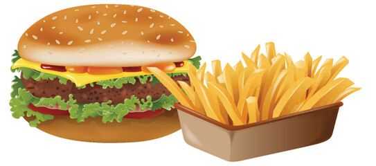 Vector illustration of a cheeseburger with fries