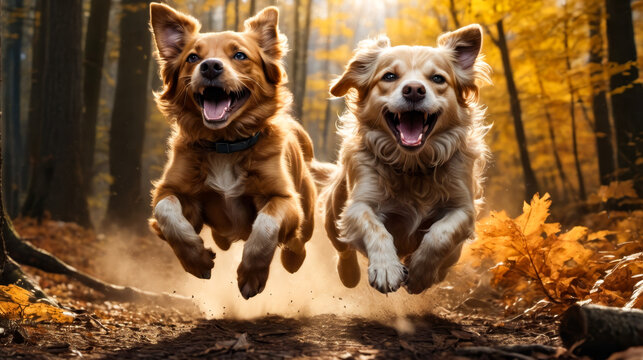 Two dogs are running through forest with their mouths open.
