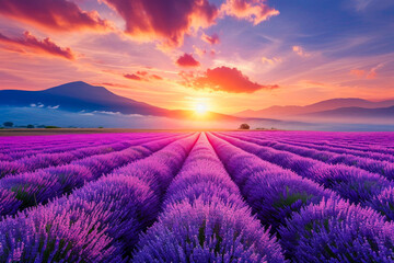 Field of purple flowers with sunset in the distance.