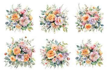 Set of floral watercolor bouquets elements. Wedding concept - flowers. Floral poster, invitation. Vector arrangement for greeting cards or invitations © Narin