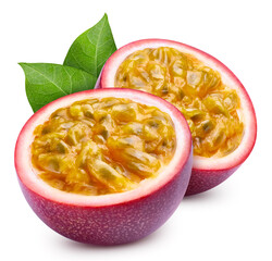 Passion fruit and leaves isolated on a white background. Passion with leaves clipping path