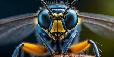 Blue and yellow fly has bright blue spot on its head.