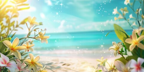 summer luxury background, sea view, tropical flowers and palm trees around, summer concept, vacation by the sea