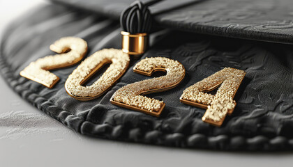 Black graduation hat clipart, with a black tassel that says "2024",gold letters, isolated on a white background,generative ai