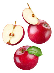 Red apple collection isolated on white background. Fresh apple leaf. Clipping path apple. Red apple...
