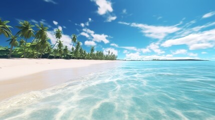 Fototapeta premium Tropical Paradise: Summer Vacation Beach with Blue Sky and Palm Trees