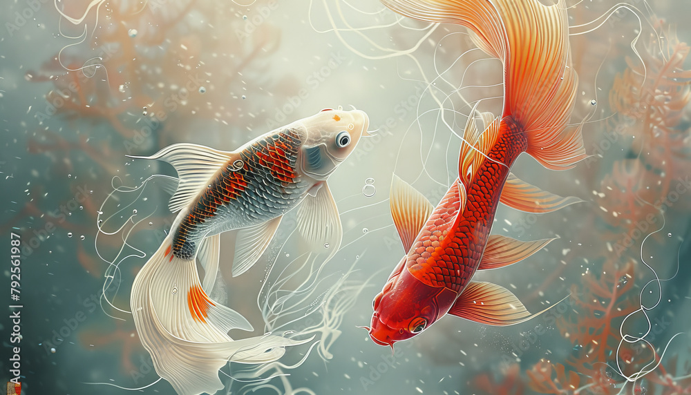 Wall mural a poster showing two fish swimming underwater, in the style of photorealistic detail,generative ai