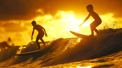 Against the backdrop of a radiant sunset, two young surfers embrace the thrill of the waves, the golden hues reflecting off the water as they ride, their exhilaration evident in their dynamic body lan