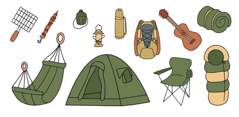Hand drawn picnic, travel and camping theme. Vector illustration © OLiAN_ART