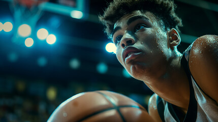 In the midst of a packed stadium, the bright lights illuminate a young male basketball player as he drives to the hoop with fierce determination, sweat gleaming on his brow