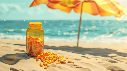 On the beach with a yellow umbrella, a bottle containing pills and supplements, a medical solution intended for skin protection, a healthcare concept. generative AI