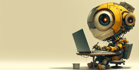 Yellow cartoon robot character working on laptop 