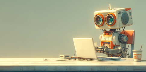 cartoon robot character working on laptop 