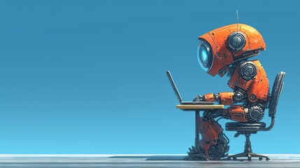 orange cartoon robot working on laptop