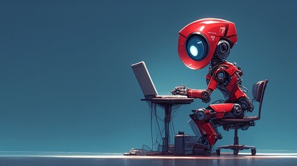 Red cartoon robot working with copy space