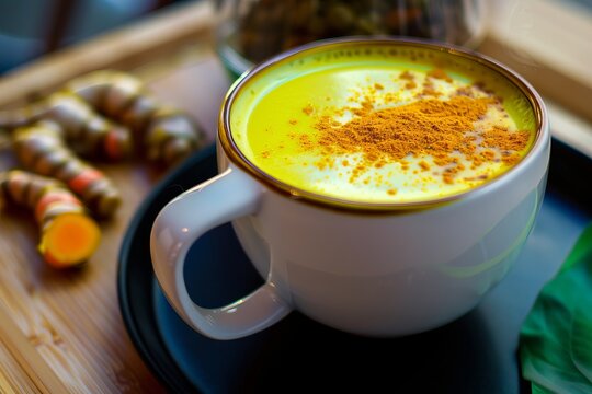 Highlight the vibrant colors of a turmeric latte, super realistic