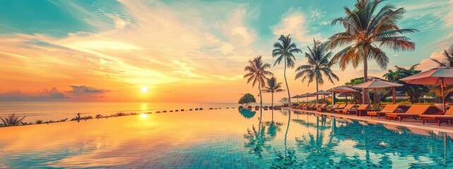 sunset over the river. pool in the tropical resort. Outdoor tourist landscape. Luxury beach resort with swimming pool, sun loungers and parasols, with palm trees and blue sky, sea horizon.