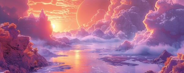 Stunning Infrared Landscape with Mystic Sunrise and Fluffy Clouds Over Alien Terrain