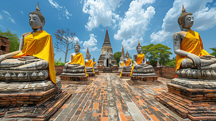 Buddha statues in at Wat Yai Chaimongkol in Ayutthaya - obrazy, fototapety, plakaty