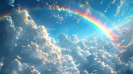 Ethereal Arcadia: Anime Sky adorned with Rainbow - obrazy, fototapety, plakaty